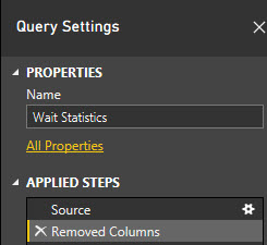 In the Query Settings pane, under Properties, the Name field is set to Wait Statistics.